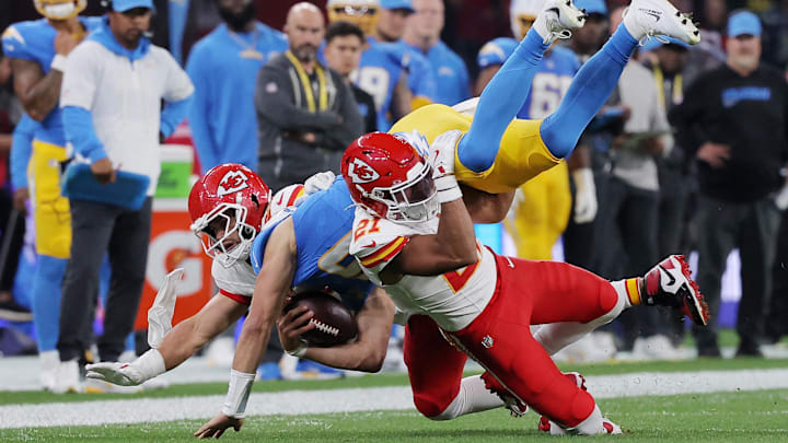 Justin Herbert ran for 32 yards and passed for 318 yards and three touchdowns as the Los Angeles Chargers beat division rival Kansas City and Patrick Mahomes 27-21 in Sao Paulo, Brazil.