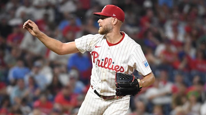 Jun 30, 2025; Philadelphia, Pennsylvania, USA; Philadelphia Phillies pitcher Zack Wheeler (45) follows through on a pitch during the eighth inning against the San Diego Padres at Citizens Bank Park. Mandatory Credit: Eric Hartline-Imagn Images