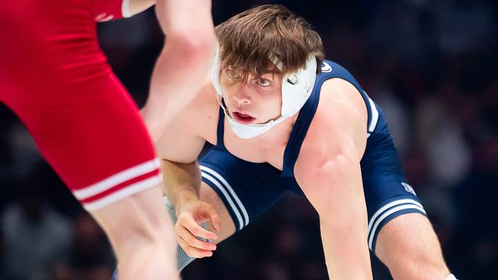 Penn State's Marcus Blaze wrestles Nebraska's Jacob Van Dee in the 133-pound bout during a Big Ten dual meet on January 30, 2026, in State College. Penn State won the dual, 26-12.