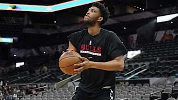 Jan 28, 2022; San Antonio, Texas, USA; Chicago Bulls center Tony Bradley (13) shoots before the game against the San Antonio Spurs at AT&T Center. Mandatory Credit: Scott Wachter-Imagn Images