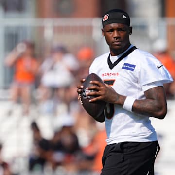 Jul 25, 2025; Cincinnati, OH, USA; Cincinnati Bengals wide receiver Tee Higgins (5) tosses a football during training camp practice. Mandatory Credit: Kareem Elgazzar-Imagn Images