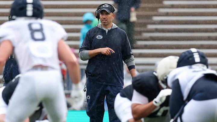 Apr 25, 2026; University Park, PA, USA; Penn State Nittany Lions head coach Matt Campbell looks on from behind the line of scrimmage during the Penn State Blue-White Spring game at Beaver Stadium. Mandatory Credit: Matthew O'Haren-Imagn Images