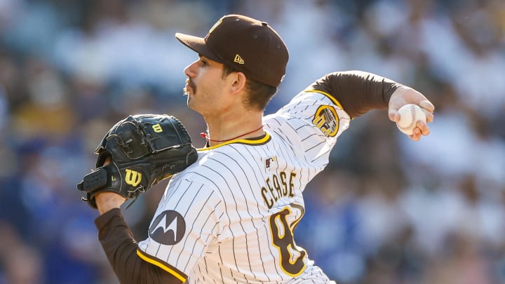 San Diego Padres starting pitcher Dylan Cease (84) pitches during the first inning against the Los Angeles Dodgers at Petco Park on July 31.