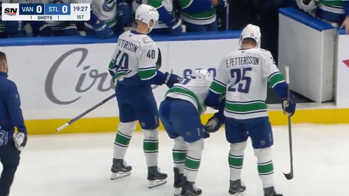Brian Boeser needed help off the ice as he became the latest Canucks player to suffer an injury this season. Brian Boeser needed help off the ice as he became the latest Canucks player to suffer an injury this season.