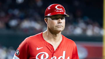 Aug 24, 2025; Phoenix, Arizona, USA; Cincinnati Reds third base coach J.R. House against the Arizona Diamondbacks at Chase Field. Mandatory Credit: Mark J. Rebilas-Imagn Images