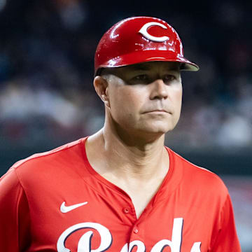 Aug 24, 2025; Phoenix, Arizona, USA; Cincinnati Reds third base coach J.R. House against the Arizona Diamondbacks at Chase Field. Mandatory Credit: Mark J. Rebilas-Imagn Images