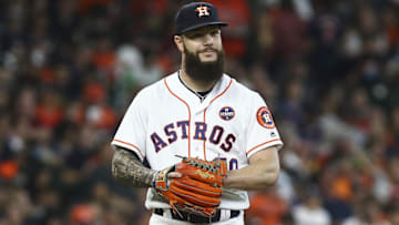 Former Houston Astros starting pitcher Dallas Keuchel (60) reacts after a pitch during the sixth inning against the Minnesota Twins at Minute Maid Park.
