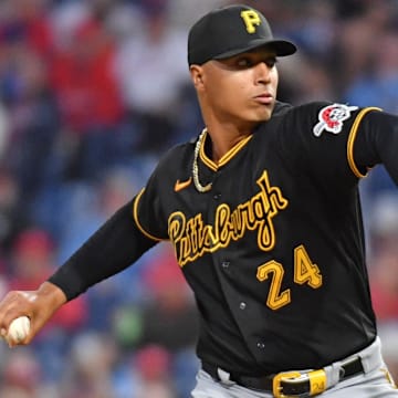 Sep 27, 2023; Philadelphia, Pennsylvania, USA; Pittsburgh Pirates starting pitcher Johan Oviedo (24) throws a pitch during the second inning against the Philadelphia Phillies at Citizens Bank Park. Mandatory Credit: Eric Hartline-Imagn Images