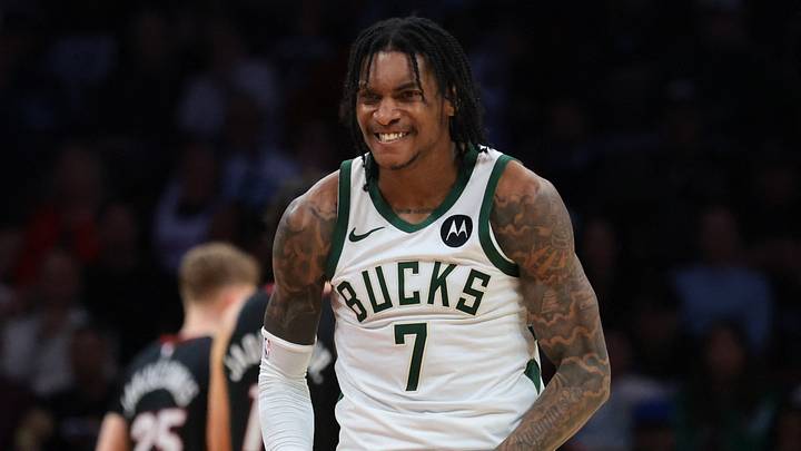 Mar 12, 2026; Miami, Florida, USA; Milwaukee Bucks guard Kevin Porter Jr. (7) reacts against the Miami Heat during the fourth quarter at Kaseya Center. Mandatory Credit: Sam Navarro-Imagn Images