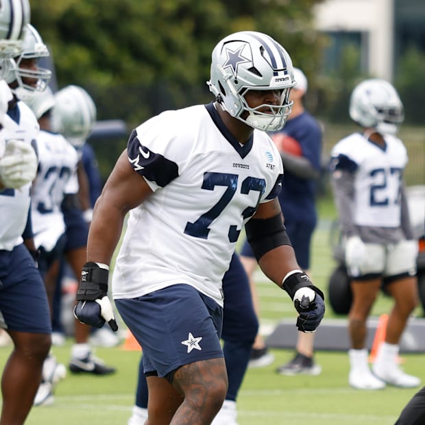 Dallas Cowboys guard Tyler Smith goes through a drill during practice at the Ford Center at the Star Training Facility.