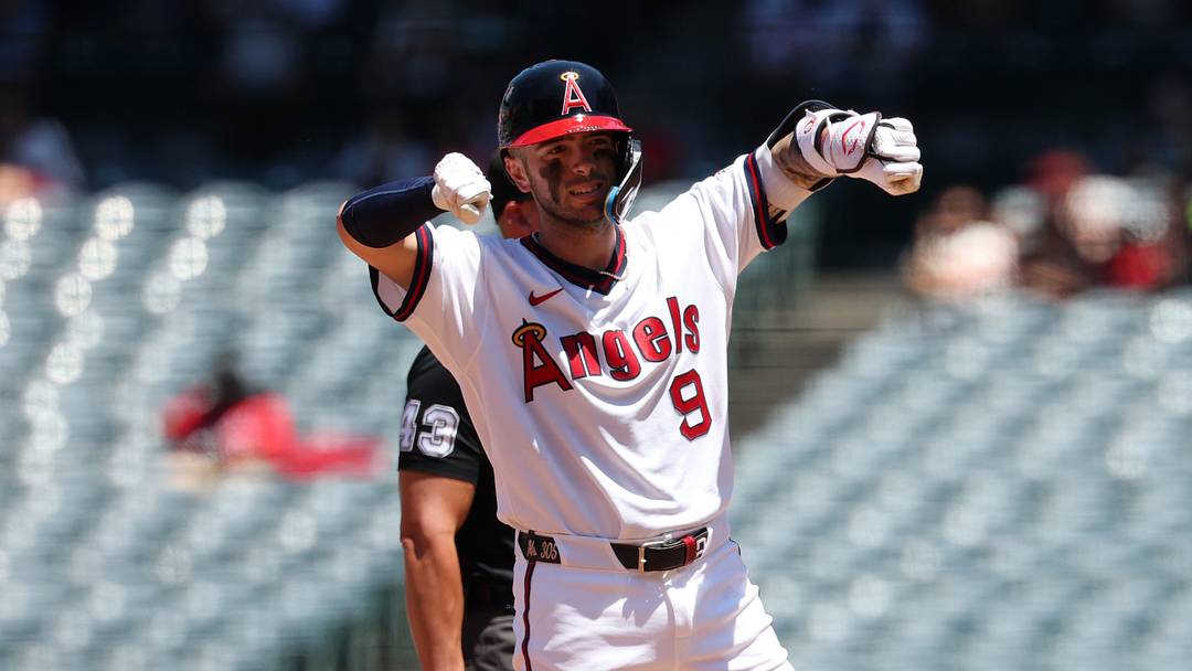 Jul 22, 2026; Anaheim, California, USA;  Los Angeles Angels shortstop Zach Neto (9) reacts after hitting a double during the third inning against the St. Louis Cardinals at Angel Stadium. Mandatory Credit: Kiyoshi Mio-Imagn Images