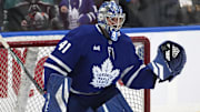 Dec 12, 2024; Toronto, Ontario, CAN; Toronto Maple Leafs goaltender Anthony Stolarz (41) makes a glove save during warmup before a game against the Anaheim Ducks at Scotiabank Arena. Mandatory Credit: John E. Sokolowski-Imagn Images