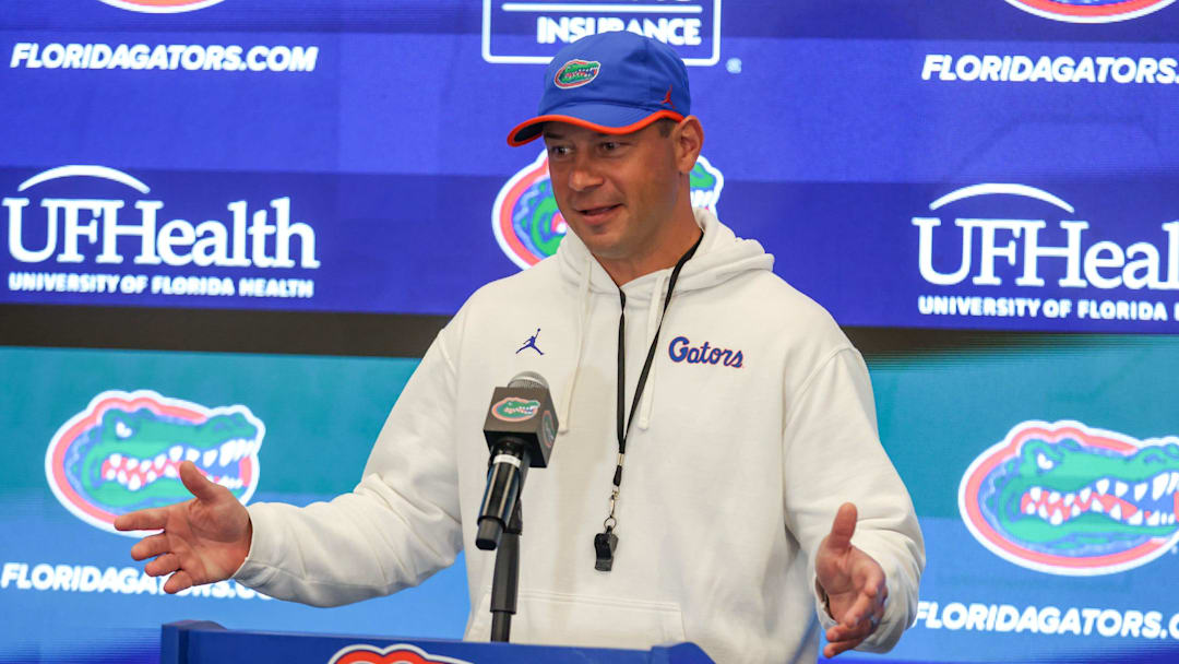 Florida head coach Jon Sumrall speaks after spring practice at Sanders Practice Fields in Gainesville, FL on Tuesday, April 7, 2026. [Alan Youngblood/Gainesville Sun]