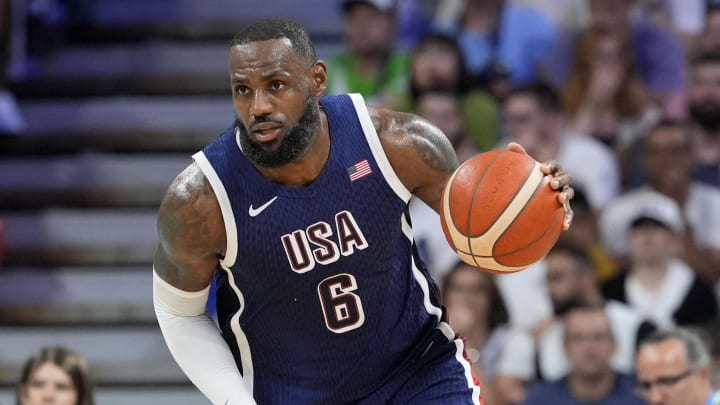 United States guard Lebron James (6) dribbles in the second quarter against Serbia during the Paris 2024 Olympic Summer Games