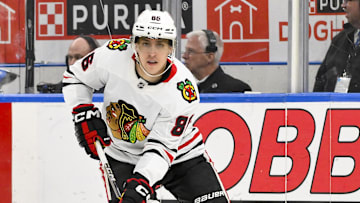 Mar 22, 2025; St. Louis, Missouri, USA;  Chicago Blackhawks center Teuvo Teravainen (86) controls the puck against the St. Louis Blues during the first period at Enterprise Center. Mandatory Credit: Jeff Curry-Imagn Images