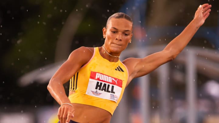 Anna Hall makes a practice run during a rain delay before she competed in the long jump at the 2024 Holloway Pro Classic.