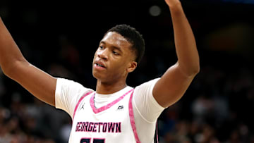 Feb 8, 2025; Washington, District of Columbia, USA; Georgetown Hoyas forward Thomas Sorber (35) celebrates during the second half against the Seton Hall Pirates at Capital One Arena. Mandatory Credit: Daniel Kucin Jr.-Imagn Images