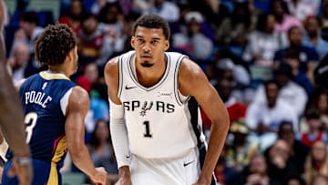 Oct 24, 2025; New Orleans, Louisiana, USA;  San Antonio Spurs forward/center Victor Wembanyama (1) looks on against the New Orleans Pelicans during the first half at Smoothie King Center. Mandatory Credit: Stephen Lew-Imagn Images
