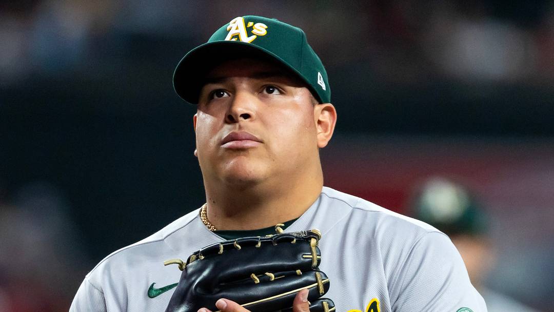 Jul 21, 2026; Phoenix, Arizona, USA; Athletics pitcher Jose Suarez against the Arizona Diamondbacks at Chase Field. Mandatory Credit: Mark J. Rebilas-Imagn Images