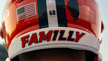 Sep 8, 2023; Lawrence, Kansas, USA; A general view of the helmet worn by Illinois Fighting Illini offensive lineman Zachary Barlev (68) during the first half against the Kansas Jayhawks at David Booth Kansas Memorial Stadium. Mandatory Credit: Jay Biggerstaff-Imagn Images
