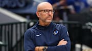 Nov 10, 2025; Dallas, Texas, USA;  Dallas Mavericks head coach Jason Kidd reacts against the Milwaukee Bucks during the second half at American Airlines Center. Mandatory Credit: Kevin Jairaj-Imagn Images