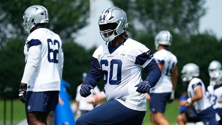 Jun 5, 2024; Frisco, TX, USA;  Dallas Cowboys tackle Tyler Guyton (60) goes through a drill during practice at the Ford Center at the Star Training Facility in Frisco, Texas. Mandatory Credit: Chris Jones-USA TODAY Sports