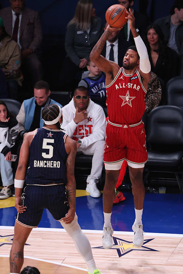 Paul George and Paolo Banchero in the 2024 NBA All-Star Game in Indianapolis