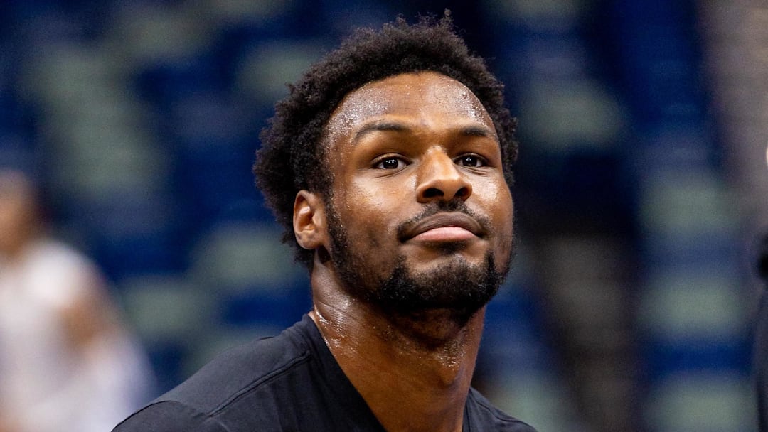 Nov 14, 2025; New Orleans, Louisiana, USA;  Los Angeles Lakers guard Bronny James (9) warms up before the game against the New Orleans Pelicans at Smoothie King Center. Mandatory Credit: Stephen Lew-Imagn Images