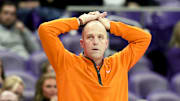 Feb 12, 2025; Fort Worth, Texas, USA;  Oklahoma State Cowboys head coach Steve Lutz reacts during the second half against the TCU Horned Frogs at Ed and Rae Schollmaier Arena. Mandatory Credit: Kevin Jairaj-Imagn Images