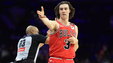 Feb 24, 2025; Philadelphia, Pennsylvania, USA; Chicago Bulls guard Josh Giddey (3) reacts after his three pointer against the Philadelphia 76ers during the fourth quarter at Wells Fargo Center. Mandatory Credit: Bill Streicher-Imagn Images