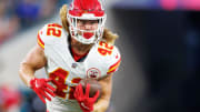 Aug 10, 2024; Jacksonville, Florida, USA; Kansas City Chiefs running back Carson Steele (42) runs with the ball during the second quarter against the Jacksonville Jaguars at EverBank Stadium. Mandatory Credit: Douglas DeFelice-USA TODAY Sports