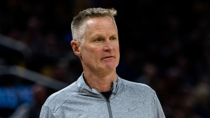 Dec 19, 2023; San Francisco, California, USA; Golden State Warriors head coach Steve Kerr watches the game against the Boston Celtics during the first half at Chase Center. 