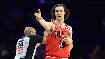 Feb 24, 2025; Philadelphia, Pennsylvania, USA; Chicago Bulls guard Josh Giddey (3) reacts after his three-pointer