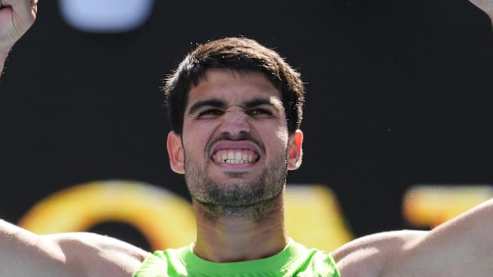 Carlos Alcaraz celebrates at the 2026 Australian Open