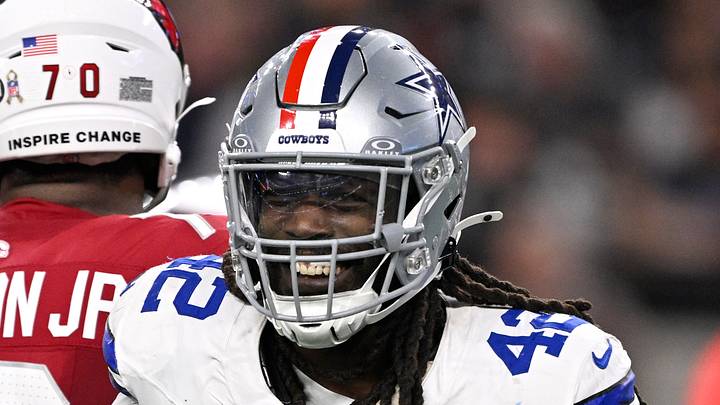 Nov 3, 2025; Arlington, Texas, USA; Dallas Cowboys defensive end Jadeveon Clowney (42) reacts after a sack against Arizona Cardinals quarterback Jacoby Brissett (7) in the first half at AT&T Stadium. Mandatory Credit: Jerome Miron-Imagn Images
