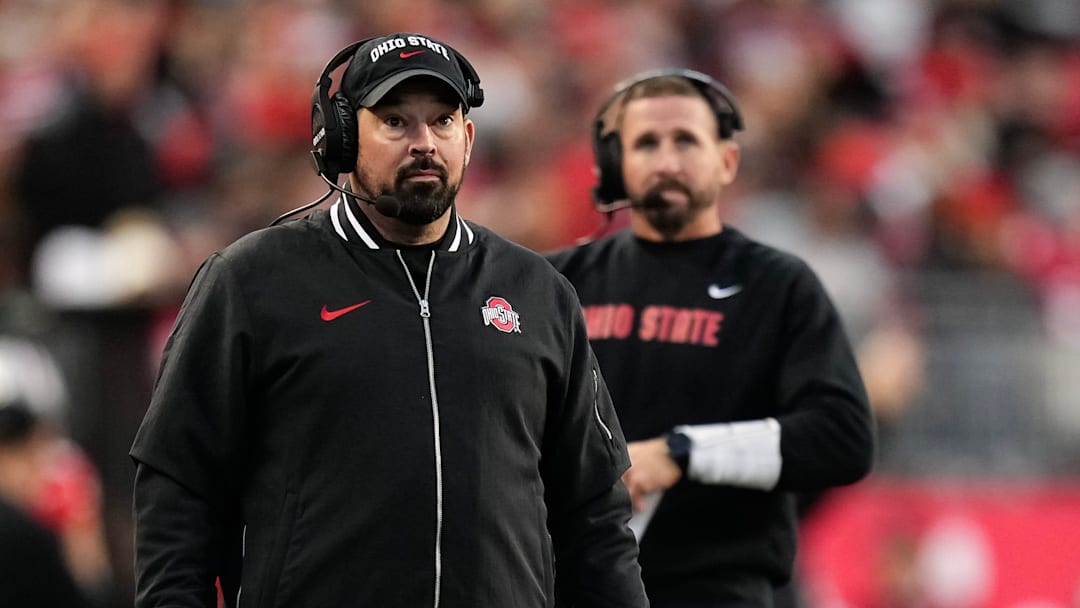 Nov 18, 2023; Columbus, Ohio, USA; Ohio State Buckeyes head coach Ryan Day and offensive coordinator Brian Hartline look at a replay during the NCAA football game against the Minnesota Golden Gophers at Ohio Stadium.