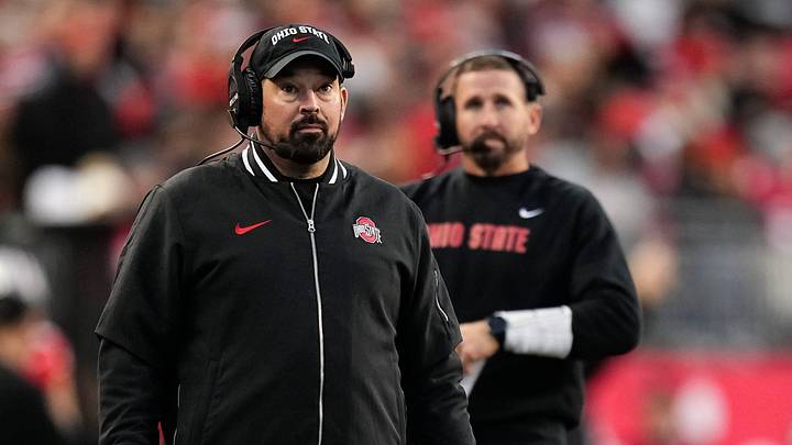 Nov 18, 2023; Columbus, Ohio, USA; Ohio State Buckeyes head coach Ryan Day and offensive coordinator Brian Hartline look at a replay during the NCAA football game against the Minnesota Golden Gophers at Ohio Stadium.