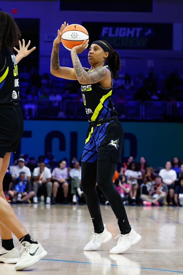 Dallas Wings guard Aziaha James scores a three-point basket against the Las Vegas Aces.