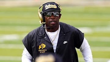 Aug 29, 2025; Boulder, Colorado, USA; Colorado Buffaloes head coach Deion Sanders during the first quarter against the Georgia Tech Yellow Jackets at Folsom Field. Mandatory Credit: Ron Chenoy-Imagn Images