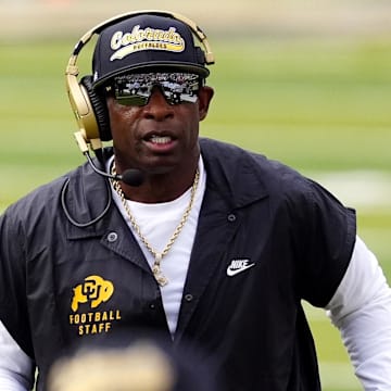 Aug 29, 2025; Boulder, Colorado, USA; Colorado Buffaloes head coach Deion Sanders during the first quarter against the Georgia Tech Yellow Jackets at Folsom Field. Mandatory Credit: Ron Chenoy-Imagn Images