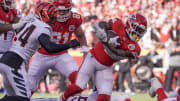 Jan 30, 2022; Kansas City, Missouri, USA; Kansas City Chiefs running back Jerick McKinnon (1) runs the ball against the Cincinnati Bengals during the AFC Championship game at GEHA Field at Arrowhead Stadium. Mandatory Credit: Denny Medley-USA TODAY Sports