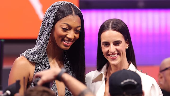 Apr 15, 2024; Brooklyn, NY, USA; Angel Reese and Caitlin Clark pose for photos before the 2024 WNBA Draft at Brooklyn Academy of Music.