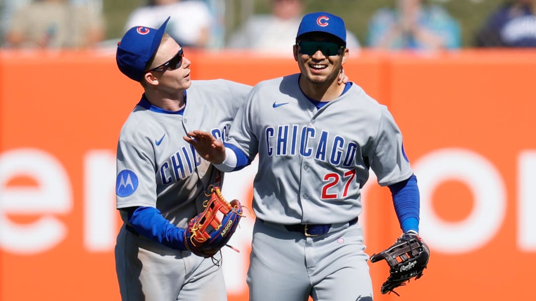 Chicago Cubs outfielders Pete Crow-Armstrong (4) and Seiya Suzuki (27) celebrate against the Athletics at Sutter Health Park. 
