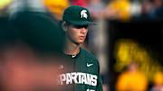 Michigan State pitcher Joseph Dzierwa (16) returns to the dugout after closing out an inning during a NCAA Big Ten Conference baseball game against Iowa, Friday, May 12, 2023, at Duane Banks Field in Iowa City, Iowa.