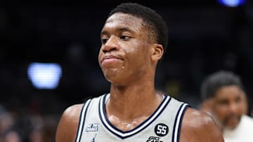 Dec 28, 2024; Washington, District of Columbia, USA; Georgetown Hoyas forward Thomas Sorber (35) looks on after a game against the Coppin State Eagles at Capital One Arena. Mandatory Credit: Daniel Kucin Jr.-Imagn Images