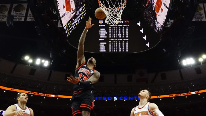 Apr 5, 2024; Chicago, Illinois, USA; New York Knicks forward Bojan Bogdanovic (44) defends Chicago Bulls forward Torrey Craig (13) during the second half at United Center. 