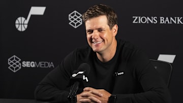Sep 30, 2024; Salt Lake City, USA; Utah Jazz head coach Will Hardy talks to the media during media day at Zions Bank Basketball Campus. Mandatory Credit: Utah Jazz via Imagn Images
