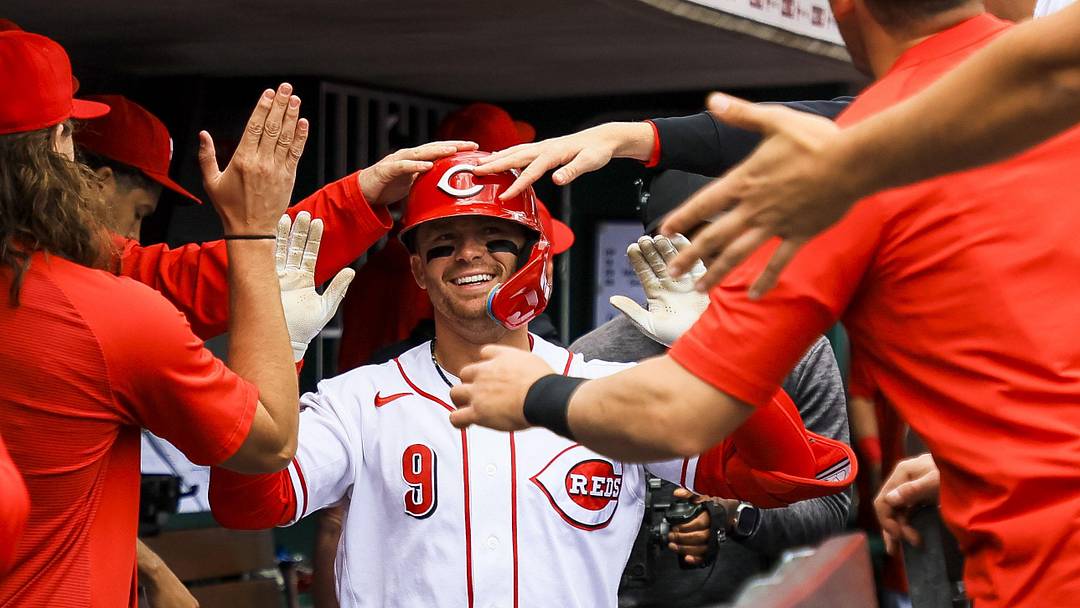 May 14, 2026; Cincinnati, Ohio, USA; Cincinnati Reds second baseman Matt McLain (9) high fives teammates after hitting a two-run home run in the second inning against the Washington Nationals at Great American Ball Park. Mandatory Credit: Katie Stratman-Imagn Images May 14, 2026; Cincinnati, Ohio, USA; Cincinnati Reds second baseman Matt McLain (9) high fives teammates after hitting a two-run home run in the second inning against the Washington Nationals at Great American Ball Park. Mandatory Credit: Katie Stratman-Imagn Images