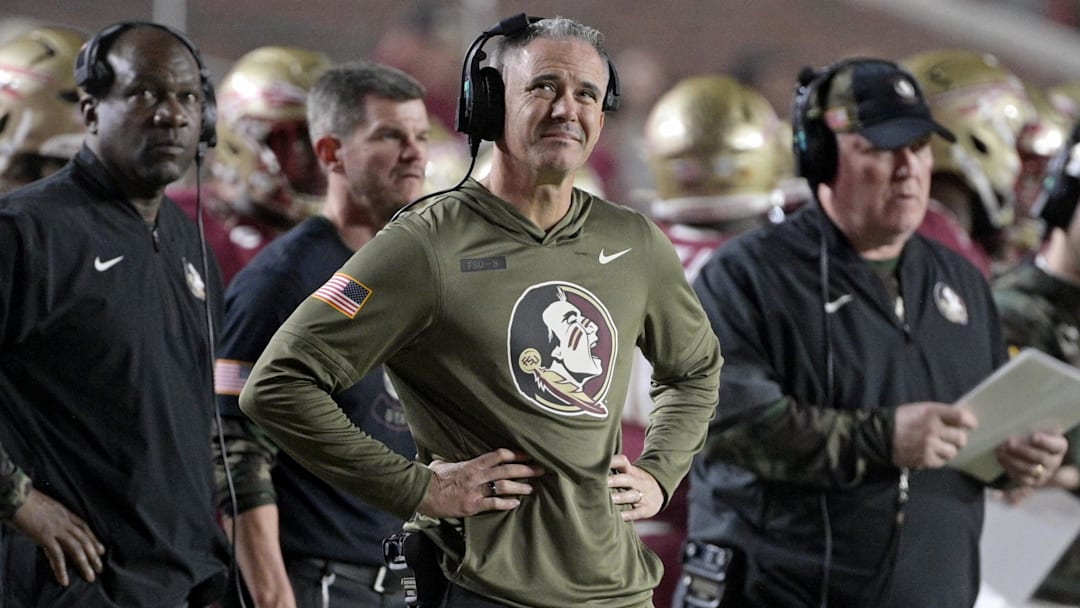 Nov 15, 2025; Tallahassee, Florida, USA; Florida State Seminoles head coach Mike Norvell during the second half against the Virginia Tech Hokies at Doak S. Campbell Stadium. Mandatory Credit: Melina Myers-Imagn Images