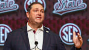 Mississippi State Bulldogs head coach Jeff Lebby talks to the media during the SEC Media Days on Jul 16, 2025 at Omni Atlanta Hotel in Atlanta, Georgia.